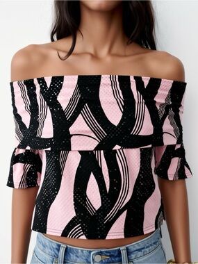 Joseph Ribkoff Off Shoulder Top Sz 12 Pink Black Pattern Sequin Sparkle Vintage